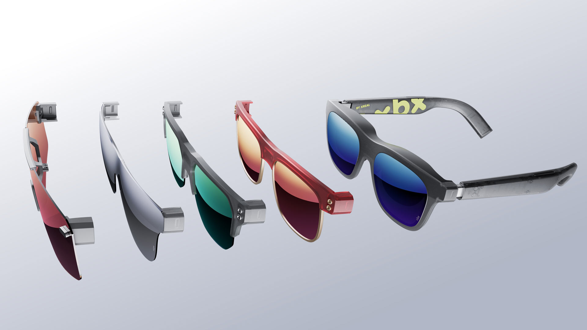 XREAL AR glasses on a tabletop with a subtle glow, symbolizing a new sub-brand launch.